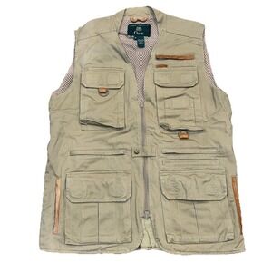 Orvis VTG Utility Fishing Vest Waistcoat Safari 100% Cotton Leather Trim M